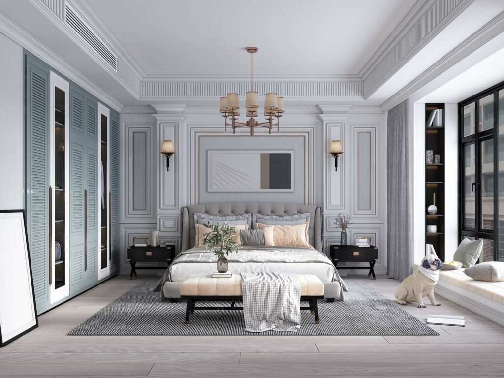 Laminate flooring in a large luxury bedroom with a dog by Hadingers in Fort Myers, Florida