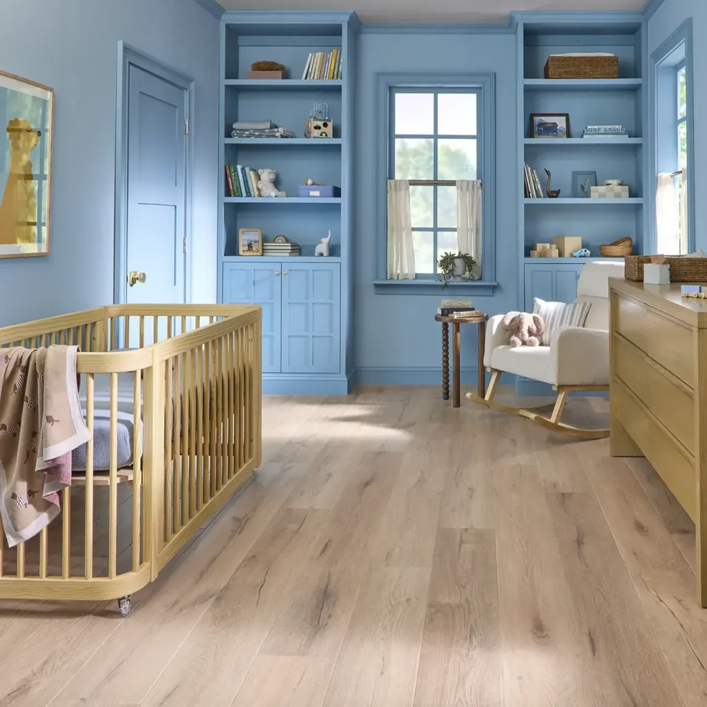 COREtec Luxury Vinyl in a light natural wood color in a child's bedroom | Hadinger Flooring