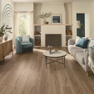 COREtec Luxury Vinyl in a medium brown wood tone in a living room | Hadinger Flooring